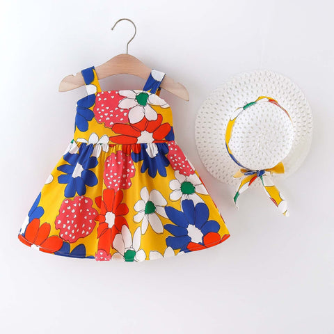 Sleeveless Floral Print Big Bow Dress Frock with Hat for Infant Toddler Baby Girls
