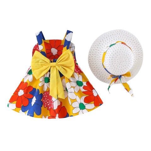 Sleeveless Floral Print Big Bow Dress Frock with Hat for Infant Toddler Baby Girls