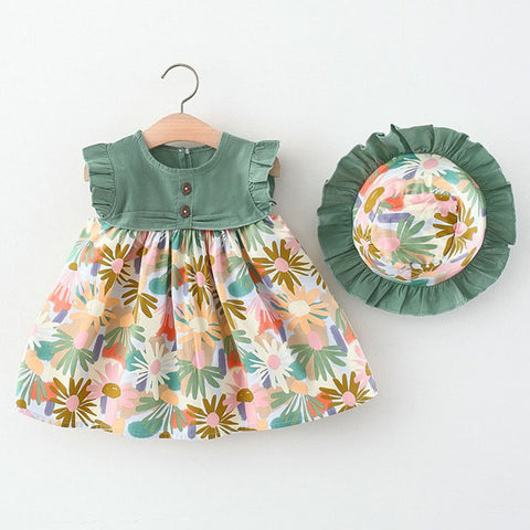 Floral Print Ruffle Sleeve Princess Dress Frock with Fabric Hat Cap for Infant Toddler Baby Girl