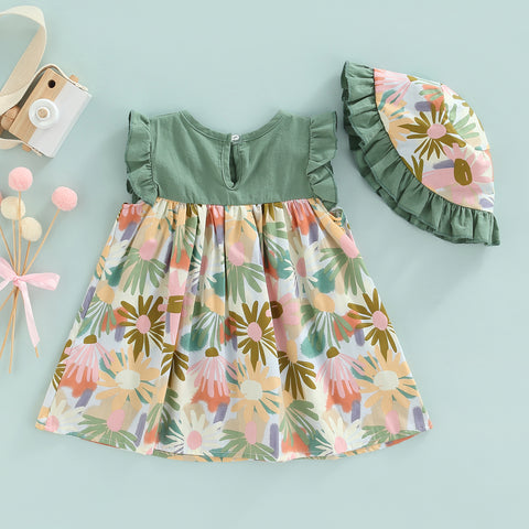 Floral Print Ruffle Sleeve Princess Dress Frock with Fabric Hat Cap for Infant Toddler Baby Girl