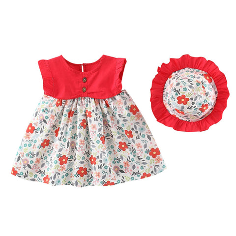 Floral Print Ruffle Sleeve Princess Dress Frock with Fabric Hat Cap for Infant Toddler Baby Girl