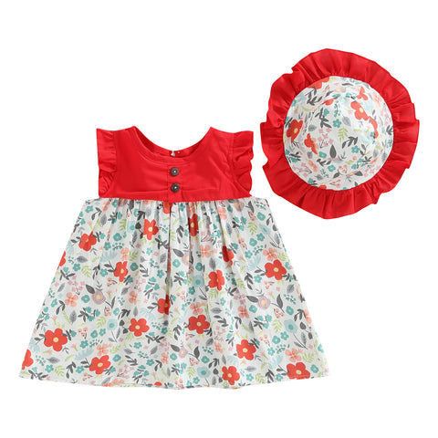 Floral Print Ruffle Sleeve Princess Dress Frock with Fabric Hat Cap for Infant Toddler Baby Girl