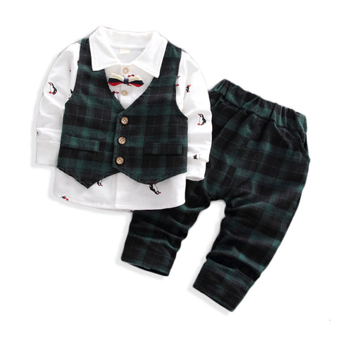 Penguin Printed Cotton Knit Shirt with Plaid Waistcoat Bowtie and Pant 3 Piece Party wear Suit Set for Little Boys