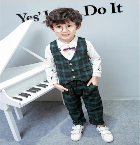 Penguin Printed Cotton Knit Shirt with Plaid Waistcoat Bowtie and Pant 3 Piece Party wear Suit Set for Little Boys