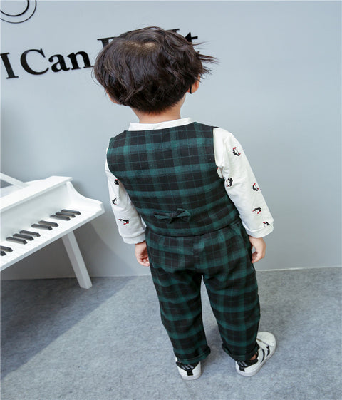 Penguin Printed Cotton Knit Shirt with Plaid Waistcoat Bowtie and Pant 3 Piece Party wear Suit Set for Little Boys