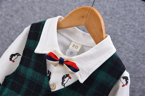 Penguin Printed Cotton Knit Shirt with Plaid Waistcoat Bowtie and Pant 3 Piece Party wear Suit Set for Little Boys