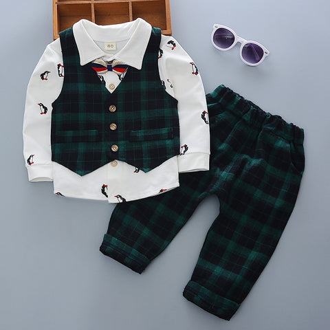 Penguin Printed Cotton Knit Shirt with Plaid Waistcoat Bowtie and Pant 3 Piece Party wear Suit Set for Little Boys