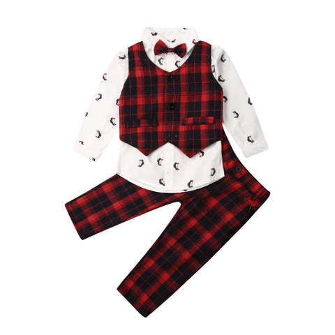 Penguin Printed Cotton Knit Shirt with Plaid Waistcoat Bowtie and Pant 3 Piece Party wear Suit Set for Little Boys