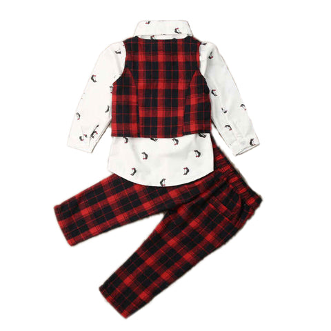 Penguin Printed Cotton Knit Shirt with Plaid Waistcoat Bowtie and Pant 3 Piece Party wear Suit Set for Little Boys