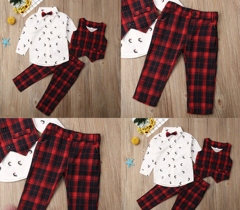 Penguin Printed Cotton Knit Shirt with Plaid Waistcoat Bowtie and Pant 3 Piece Party wear Suit Set for Little Boys