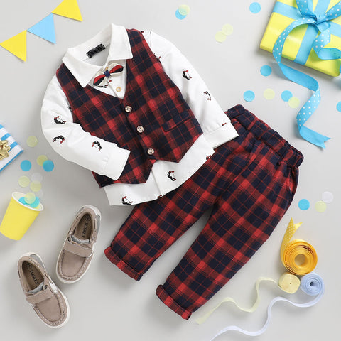 Penguin Printed Cotton Knit Shirt with Plaid Waistcoat Bowtie and Pant 3 Piece Party wear Suit Set for Little Boys
