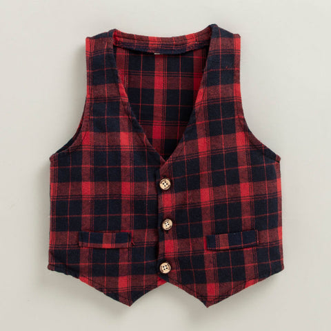 Penguin Printed Cotton Knit Shirt with Plaid Waistcoat Bowtie and Pant 3 Piece Party wear Suit Set for Little Boys
