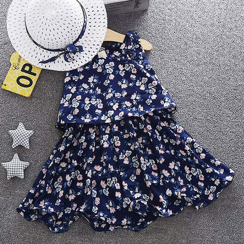 Floral Printed Sleeveless Georgette Flared Dress Frock Tutu with Hat Set for Infant Toddler Baby Girl