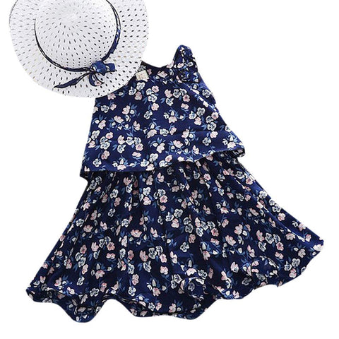 Floral Printed Sleeveless Georgette Flared Dress Frock Tutu with Hat Set for Infant Toddler Baby Girl