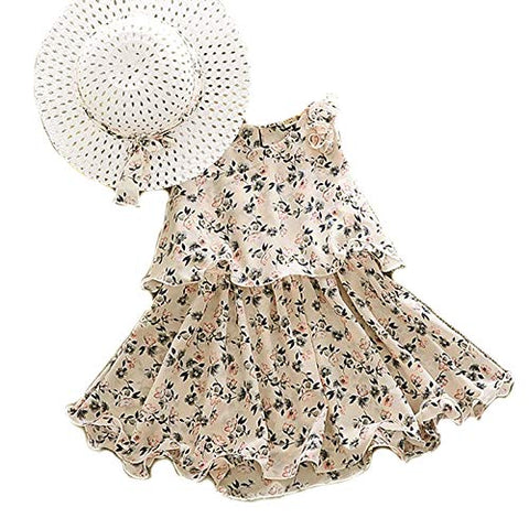 Floral Printed Sleeveless Georgette Flared Dress Frock Tutu with Hat Set for Infant Toddler Baby Girl