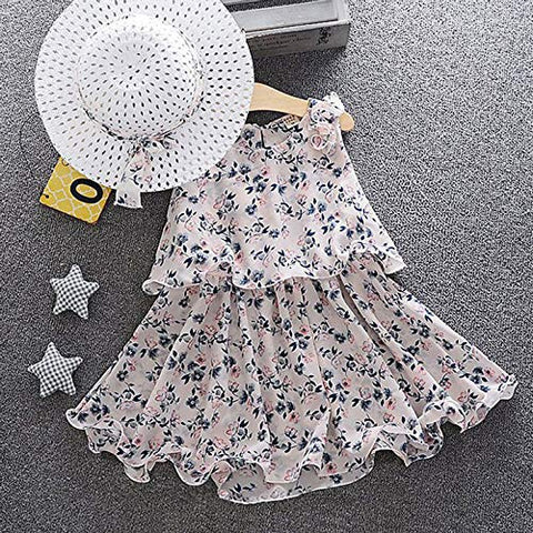 Floral Printed Sleeveless Georgette Flared Dress Frock Tutu with Hat Set for Infant Toddler Baby Girl