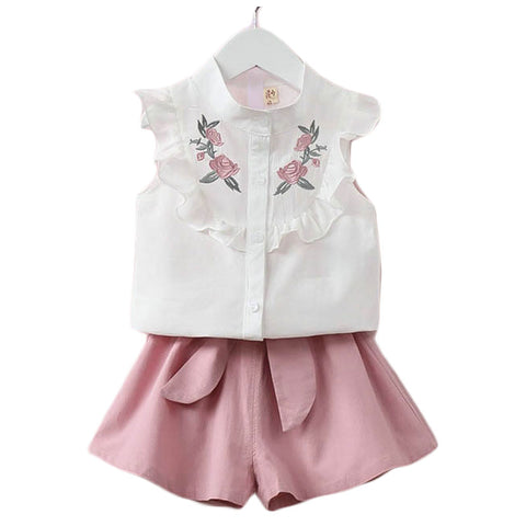 Flower Embroidered Cotton Sleeveless Ruffle Top and Shorts Clothing Set for Infant Toddler Baby Girl