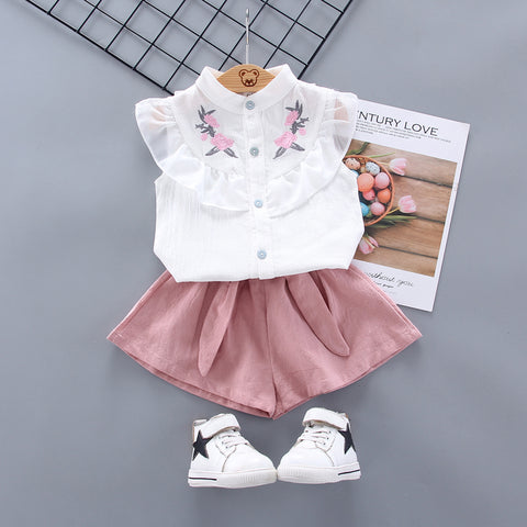 Flower Embroidered Cotton Sleeveless Ruffle Top and Shorts Clothing Set for Infant Toddler Baby Girl
