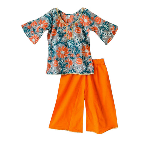 Orange Floral Print Girl's Ethnic Suit Top Kurta with Palazzo Pant Traditional Clothing Set for Girls