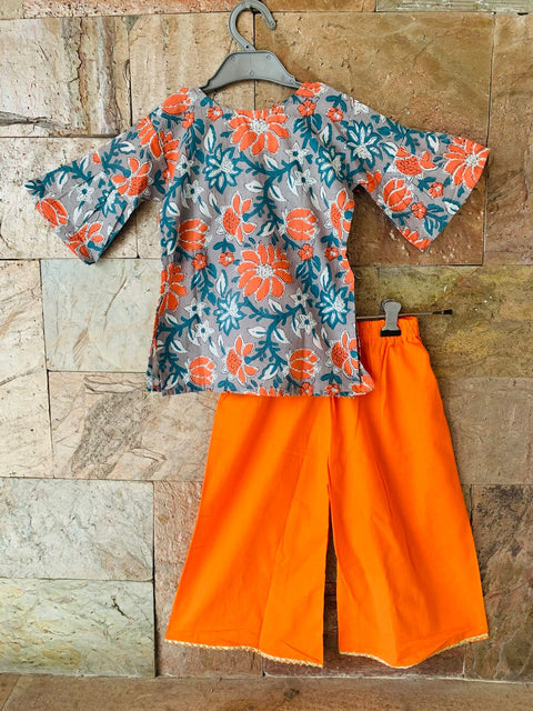 Orange Floral Print Girl's Ethnic Suit Top Kurta with Palazzo Pant Traditional Clothing Set for Girls