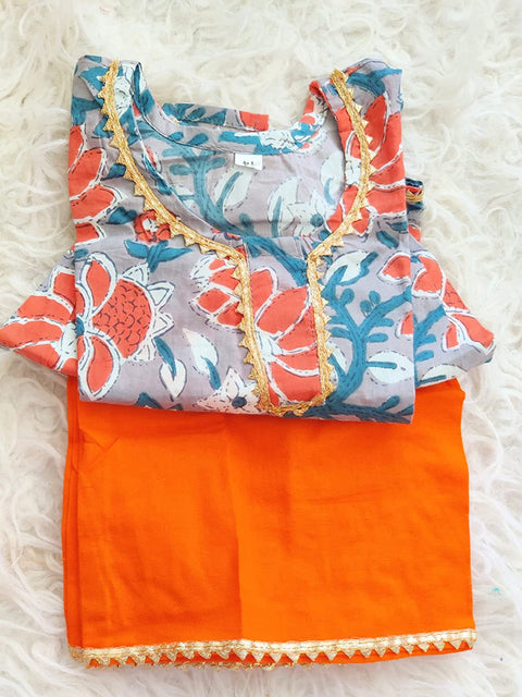 Orange Floral Print Girl's Ethnic Suit Top Kurta with Palazzo Pant Traditional Clothing Set for Girls