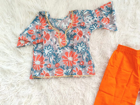 Orange Floral Print Girl's Ethnic Suit Top Kurta with Palazzo Pant Traditional Clothing Set for Girls