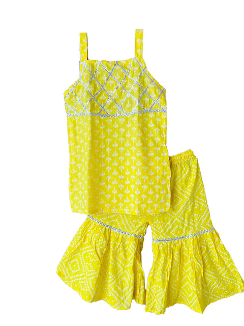 Yellow Gota Work Girl's Ethnic Suit Sleeveless Top Kurta with Sharara Palazzo Pant Traditional Clothing Set