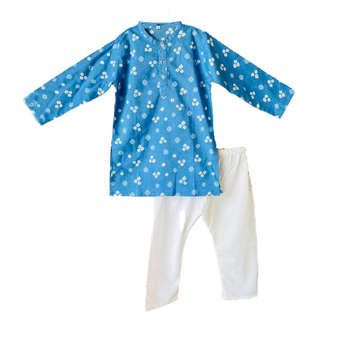 Kids Bandej Print Traditional Ethnic wear Kurta Pyjama Festival Clothes for Boys Blue