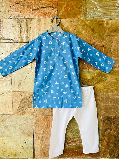 Kids Bandej Print Traditional Ethnic wear Kurta Pyjama Festival Clothes for Boys Blue