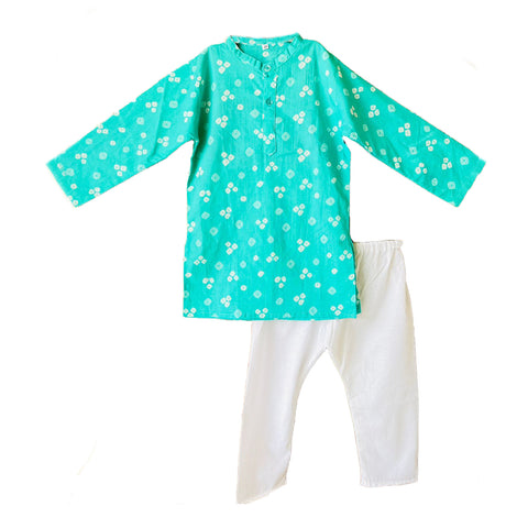 Kids Green Traditional Print Ethnic wear Kurta Pyjama Festival Clothes for Boys