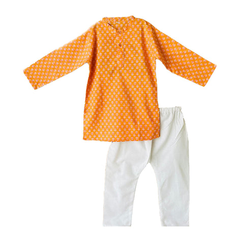 Kids Traditional Floral Print Ethnic wear Kurta Pyjama Festival Clothes for Boys Orange