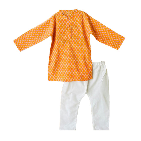 Orange Kids Traditional Floral Print Ethnic wear Kurta Pyjama Festival Clothes for Boys