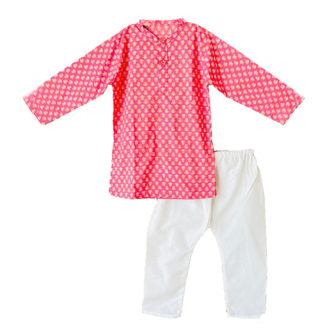 Boys Traditional Floral Print Ethnic wear Kurta Pyjama Festival Clothes for Boys Pink