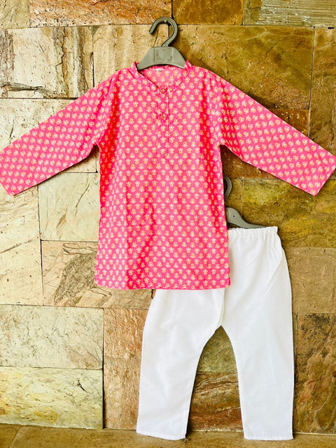 Boys Traditional Floral Print Ethnic wear Kurta Pyjama Festival Clothes for Boys Pink