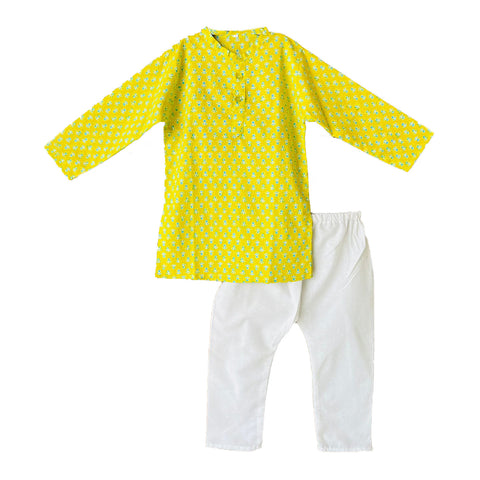 Kids Floral Print Traditional Ethnic wear Kurta Pyjama Festival Clothes for Boys Yellow
