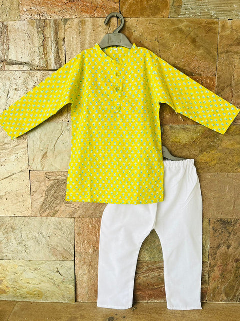 Kids Floral Print Traditional Ethnic wear Kurta Pyjama Festival Clothes for Boys Yellow