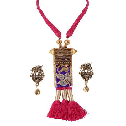 Trendy Thread Tassel Long Fabric Pendant Necklace with Fringing Tassel Dangle Drop Earrings Jewelry Set