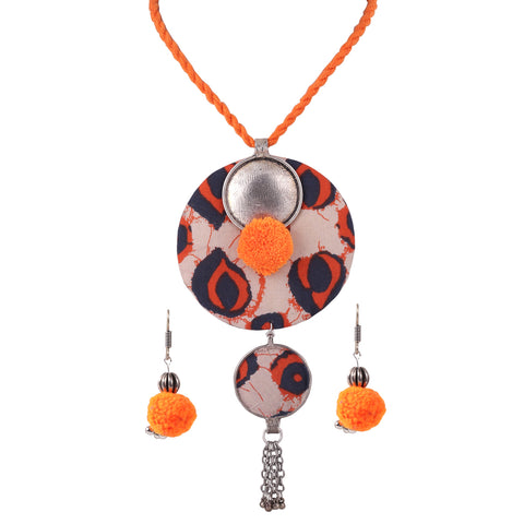 Trendy Fun Pompom Long Fabric Pendant Necklace with Drop Earrings Jewelry Set