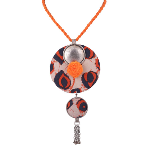 Trendy Fun Pompom Long Fabric Pendant Necklace with Drop Earrings Jewelry Set