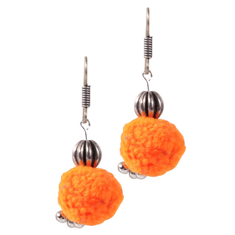 Trendy Fun Pompom Long Fabric Pendant Necklace with Drop Earrings Jewelry Set