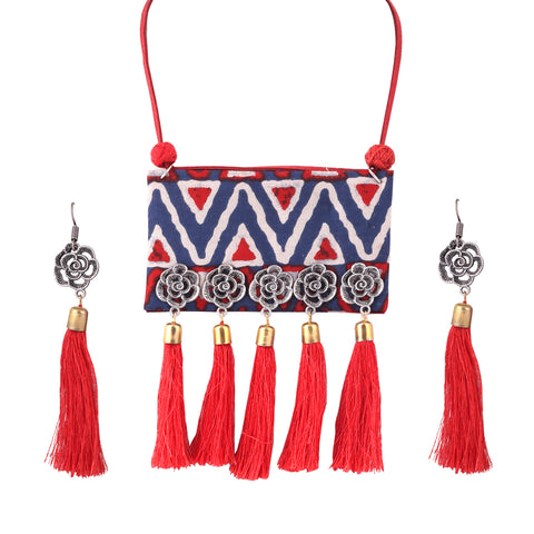 Trendy Thread Tassel Large Fabric Pendant Necklace with Fringing Tassel Dangle Drop Earrings Jewelry Set
