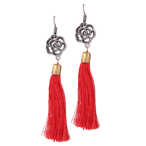 Trendy Thread Tassel Large Fabric Pendant Necklace with Fringing Tassel Dangle Drop Earrings Jewelry Set