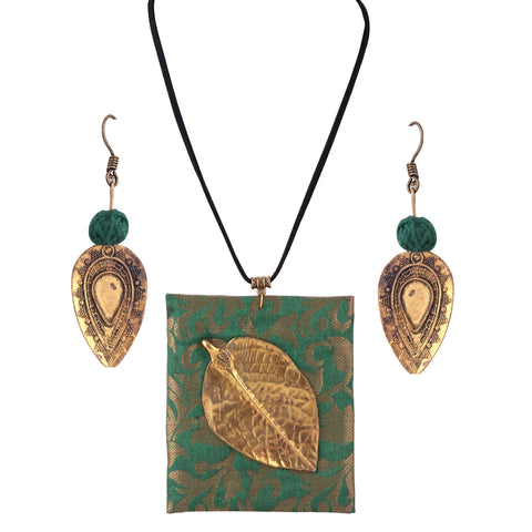 Metal Crafted Wedding Party Geometric Fabric Pendant Necklace with Dangle Drop Earrings Jewellery Jewelry Set