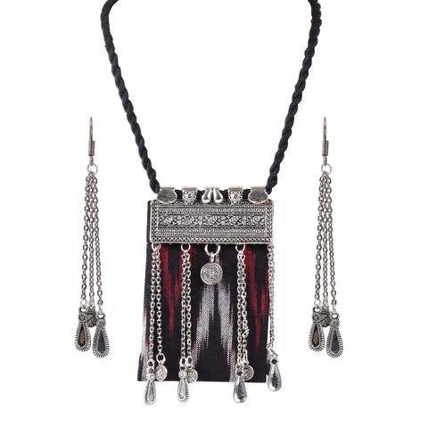 Partywear Large Fabric Pendant Necklace with Metal Tassel Dangle Drop Earrings Jewelry Set