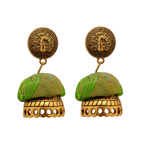 Hexagon Designer Fabric Party wear Bead Borla / Maang Tika with Dangle Jhumka Earrings Jewelry Set