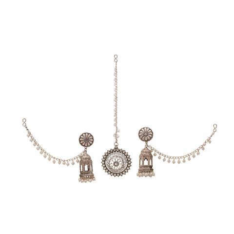 Silver Plated Pearl Voguish Wedding Borla Maang Tika with Jhumka Earrings Traditional Mang Tikka Jewelry Set