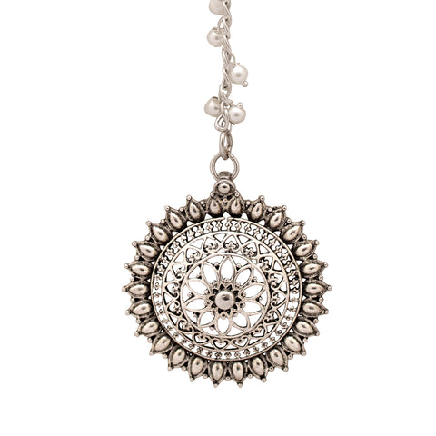 Silver Plated Pearl Voguish Wedding Borla Maang Tika with Jhumka Earrings Traditional Mang Tikka Jewelry Set