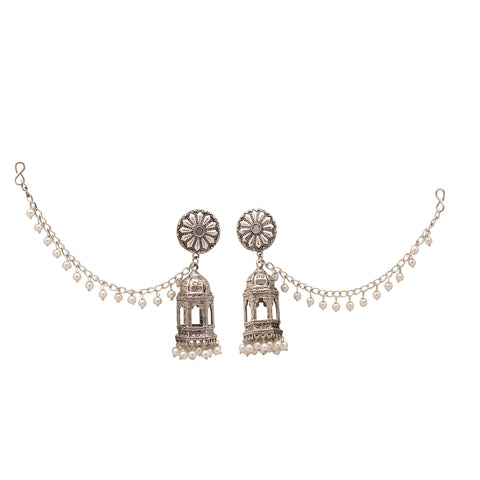 Silver Plated Pearl Voguish Wedding Borla Maang Tika with Jhumka Earrings Traditional Mang Tikka Jewelry Set
