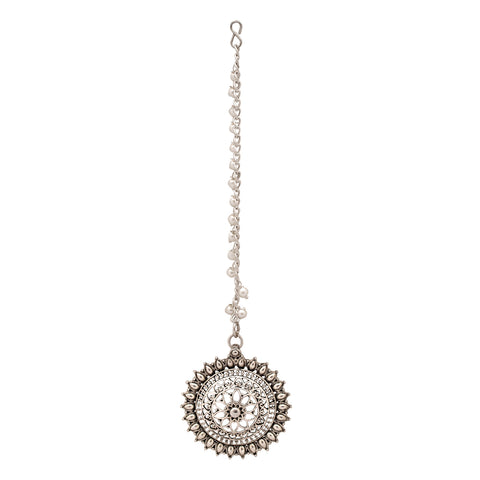 Silver Plated Pearl Voguish Wedding Borla Maang Tika with Jhumka Earrings Traditional Mang Tikka Jewelry Set