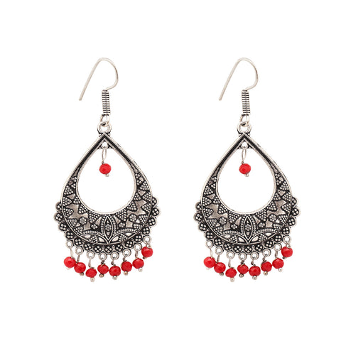 Oxidize Silver Colorful Beads Drop Pendant Maang Tika with Dangle Drop Earrings Trendy Wedding Party Mang Tikka Jewellery Set